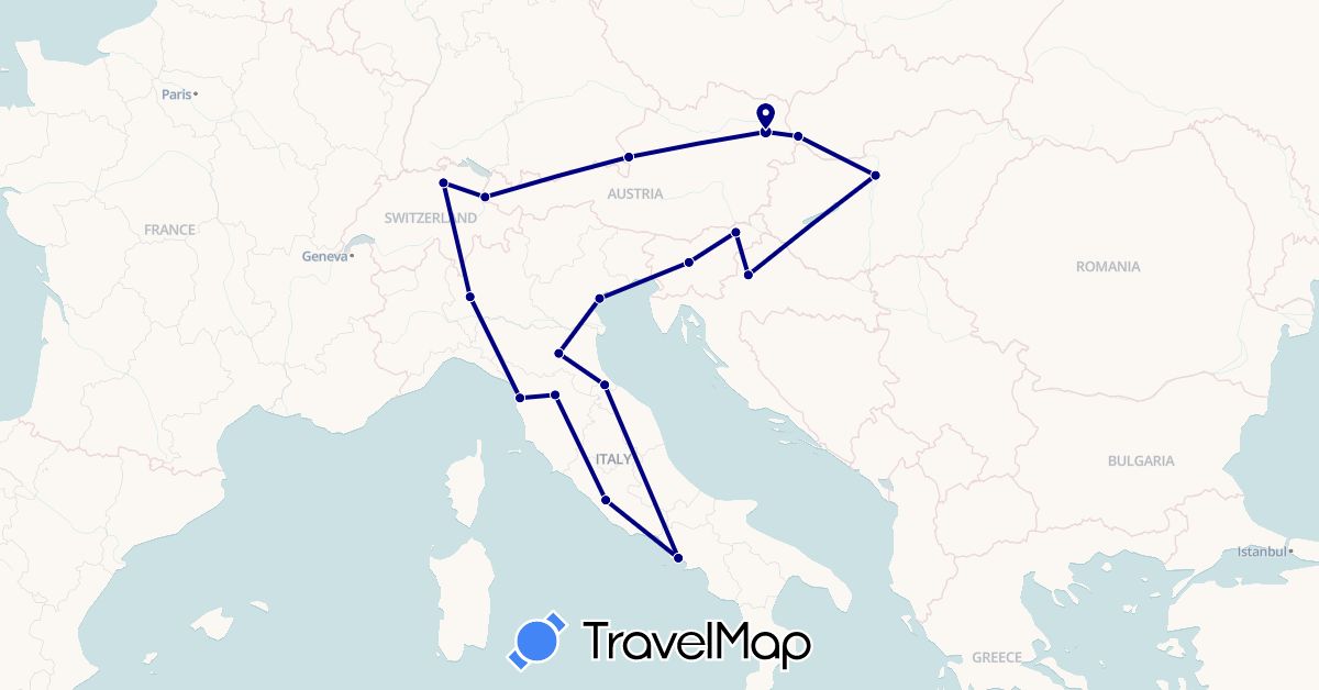 TravelMap itinerary: driving in Austria, Switzerland, Croatia, Hungary, Italy, Liechtenstein, Slovenia, Slovakia, San Marino (Europe)